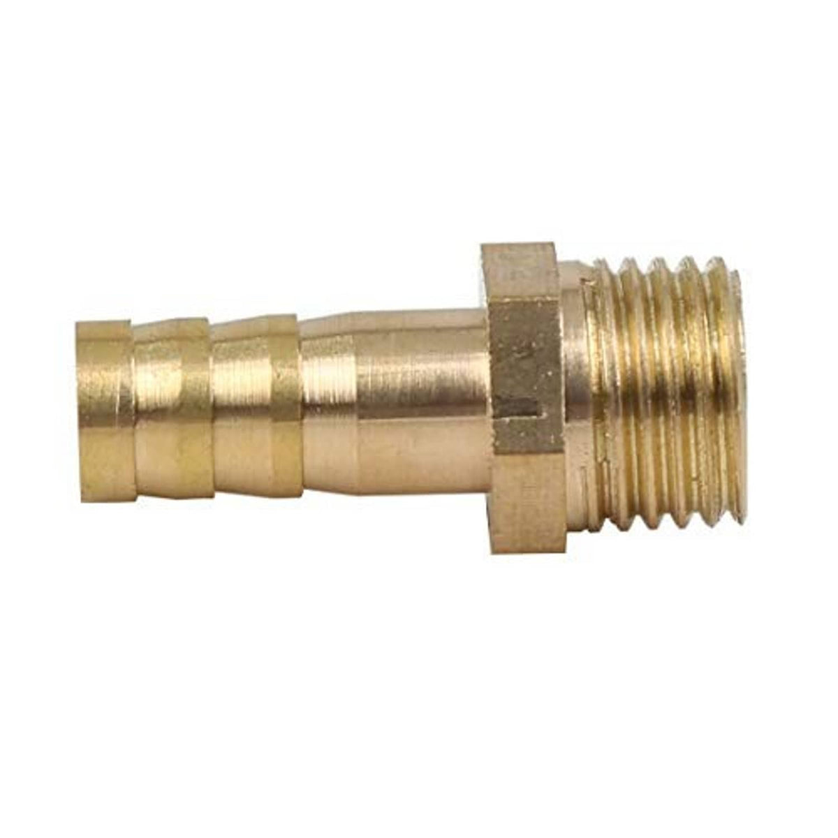 Brass hose barb fitting connector close-up with 1/4 in NPT male thread and barbed tube end