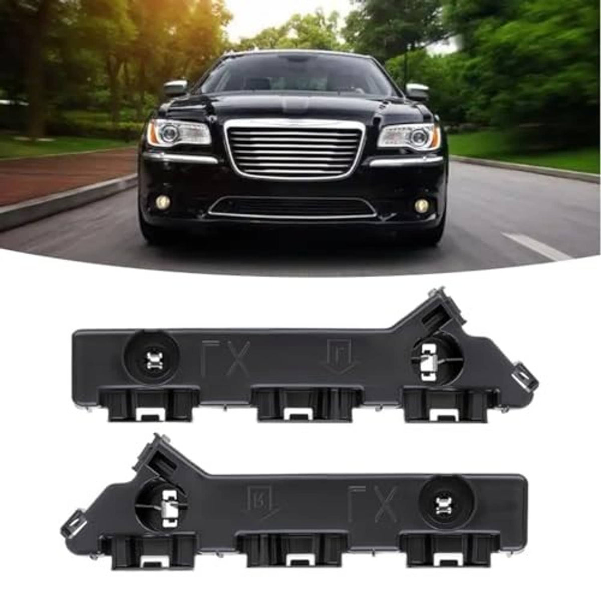 Black front bumper cover bracket pair with round screw mounts and latch clips