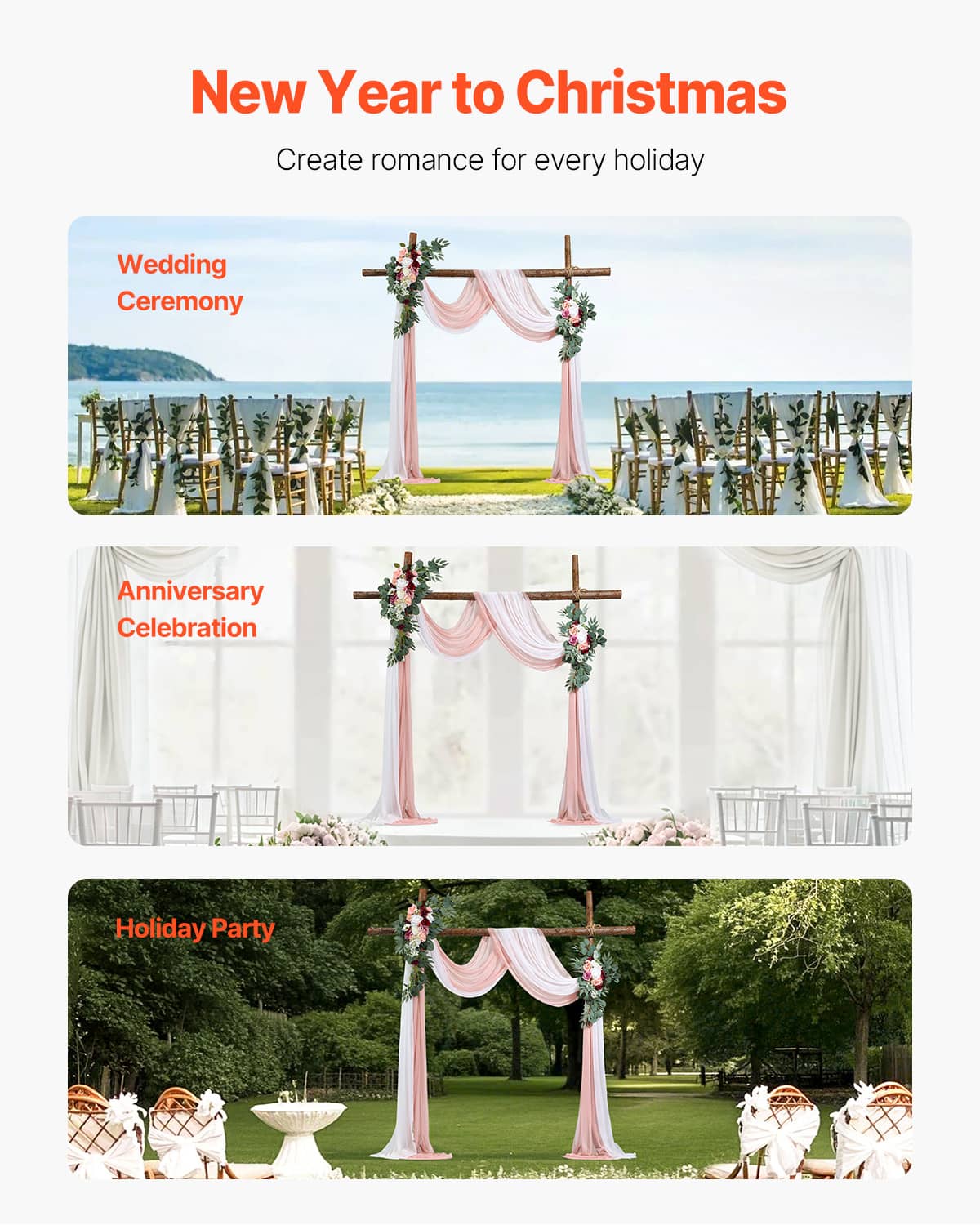 Wedding arch decoration kit with pink drapes and faux floral pieces for events