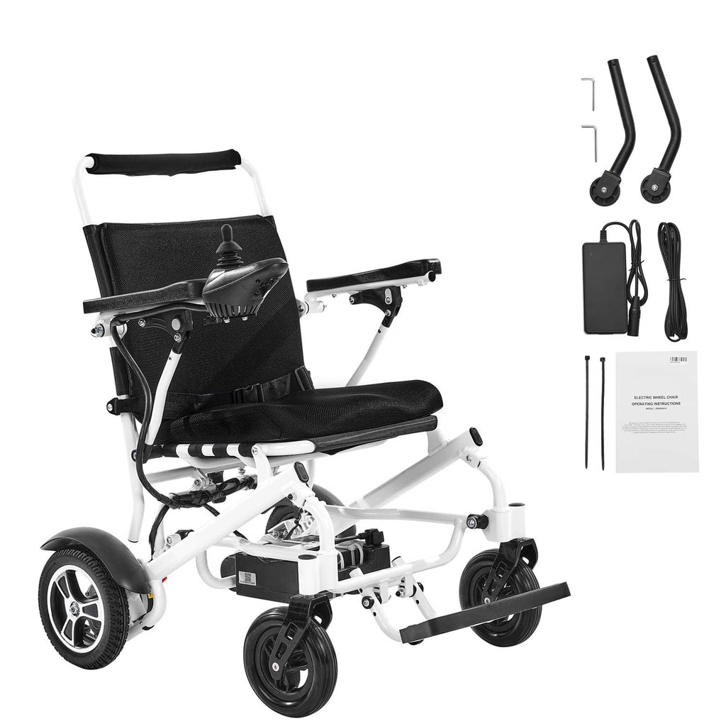 Foldable electric mobility wheelchair in white frame with black cushioned seat and back