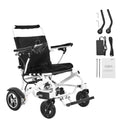 Foldable electric mobility wheelchair in white frame with black cushioned seat and back