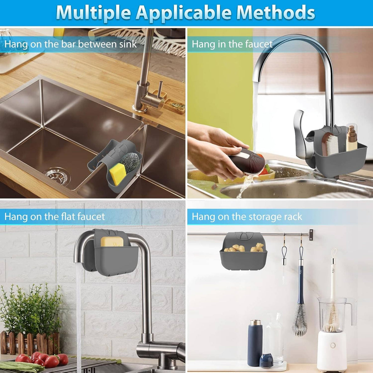 Gray silicone sponge caddy organizer shown mounting on faucet and rack