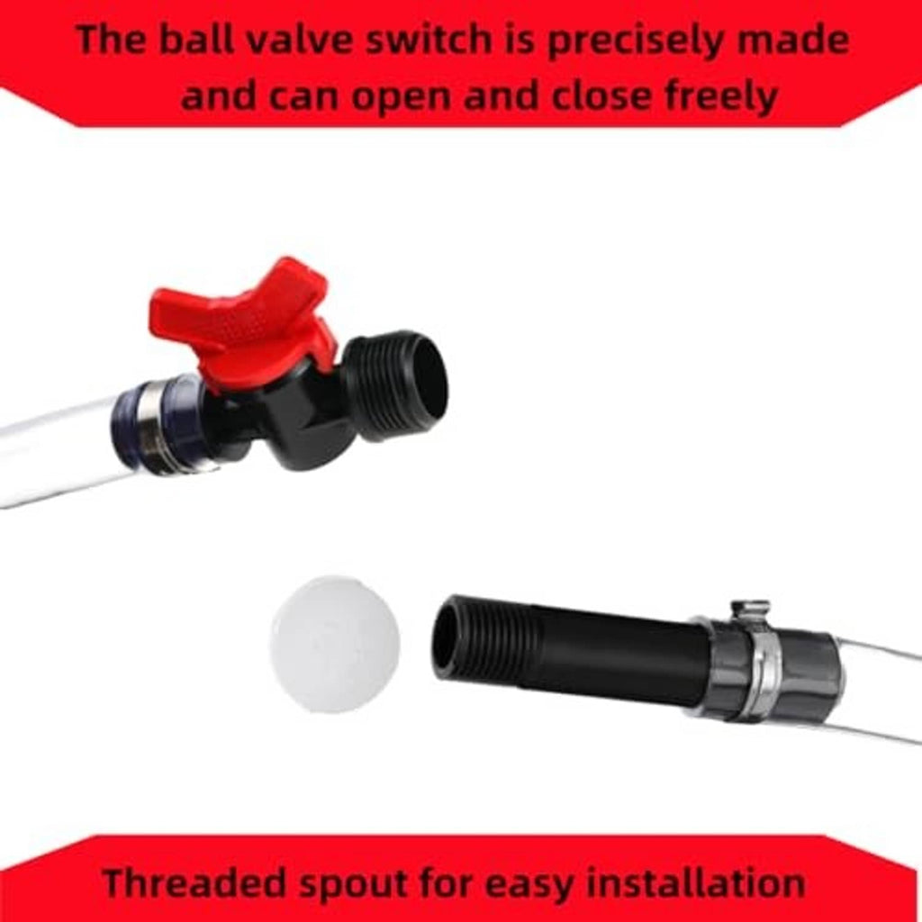 Racing fuel hose end with red ball valve switch and black threaded spout