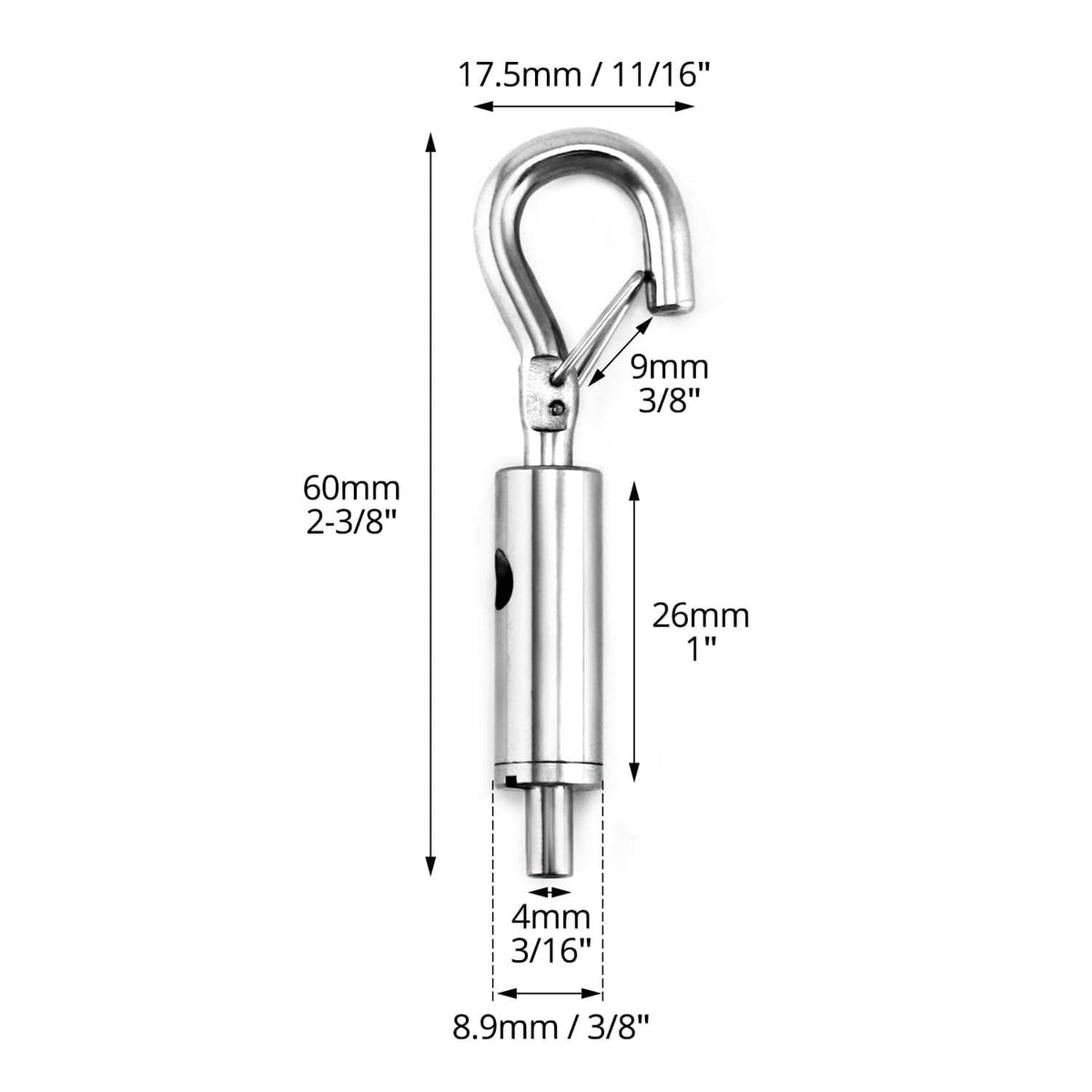 Steel hook-and-eye hanger with size diagram, curved eye and threaded stem dimensions.
