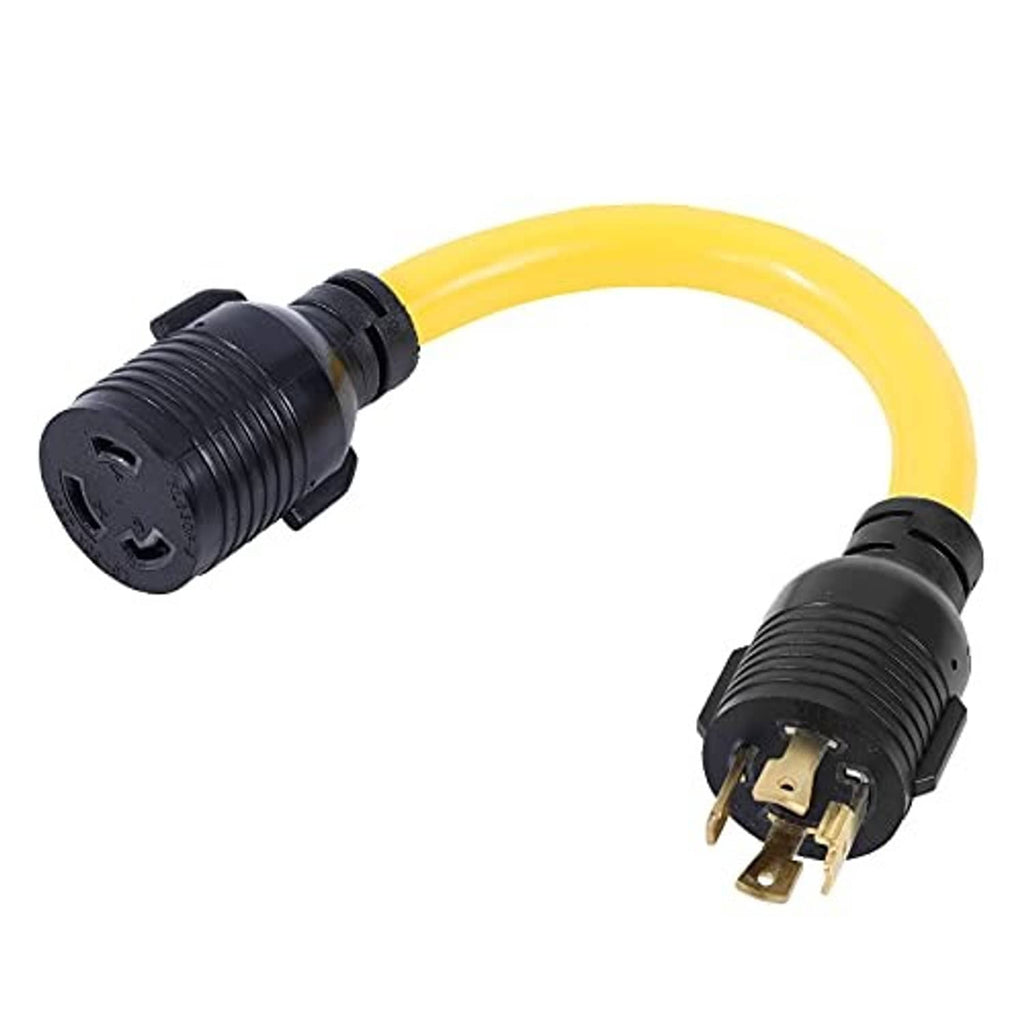 Twist-lock power adapter cable with black connectors and yellow jacket, 4-prong male plug