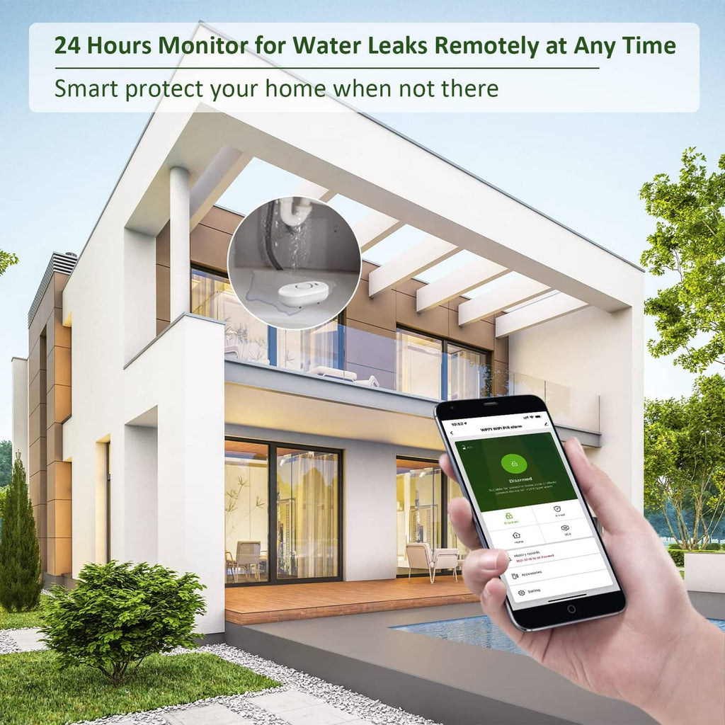 White water leak detector alarm with smartphone monitoring, ceiling mounted
