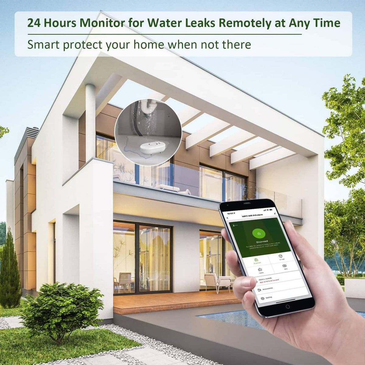 White water leak detector alarm with smartphone monitoring, ceiling mounted