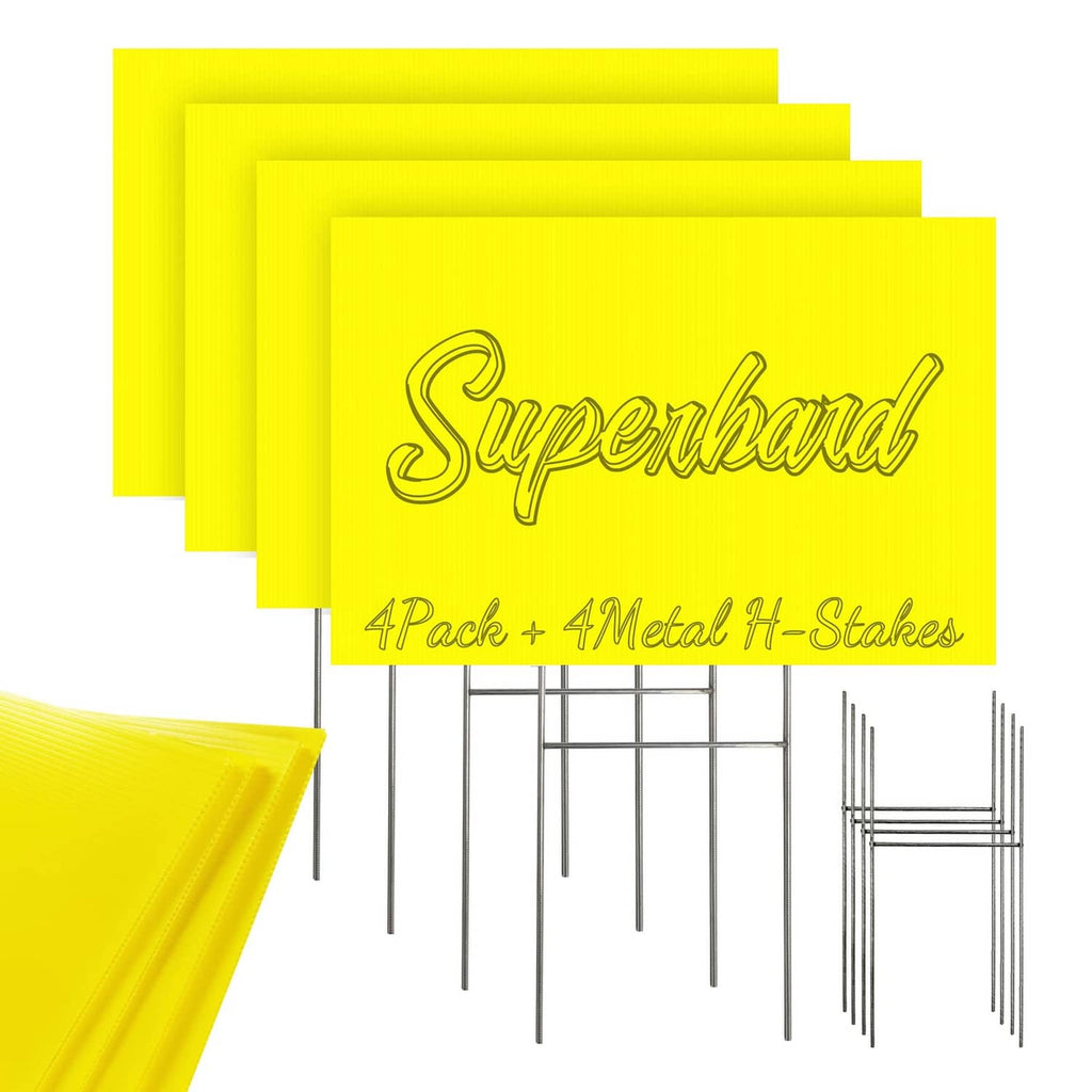 Yellow blank yard signs set with metal H-stakes, 4 pack, 12 in x 18 in