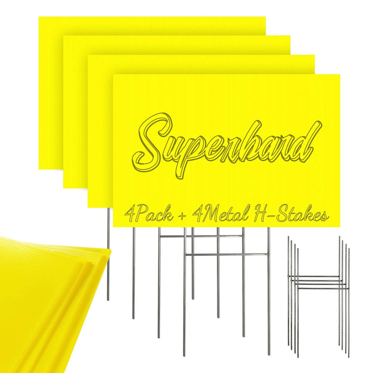 Yellow blank yard signs set with metal H-stakes, 4 pack, 12 in x 18 in