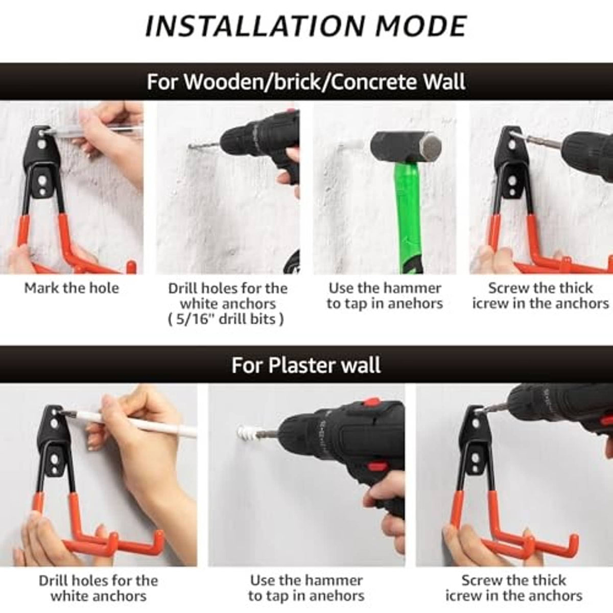 Garage storage hook installation guide showing drilling and screwing anchors