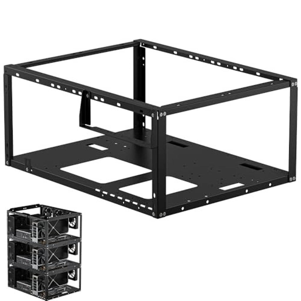 Black open air PC test bench with two shelves and rectangular steel frame