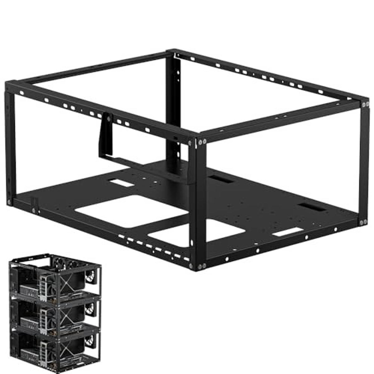 Black open air PC test bench with two shelves and rectangular steel frame