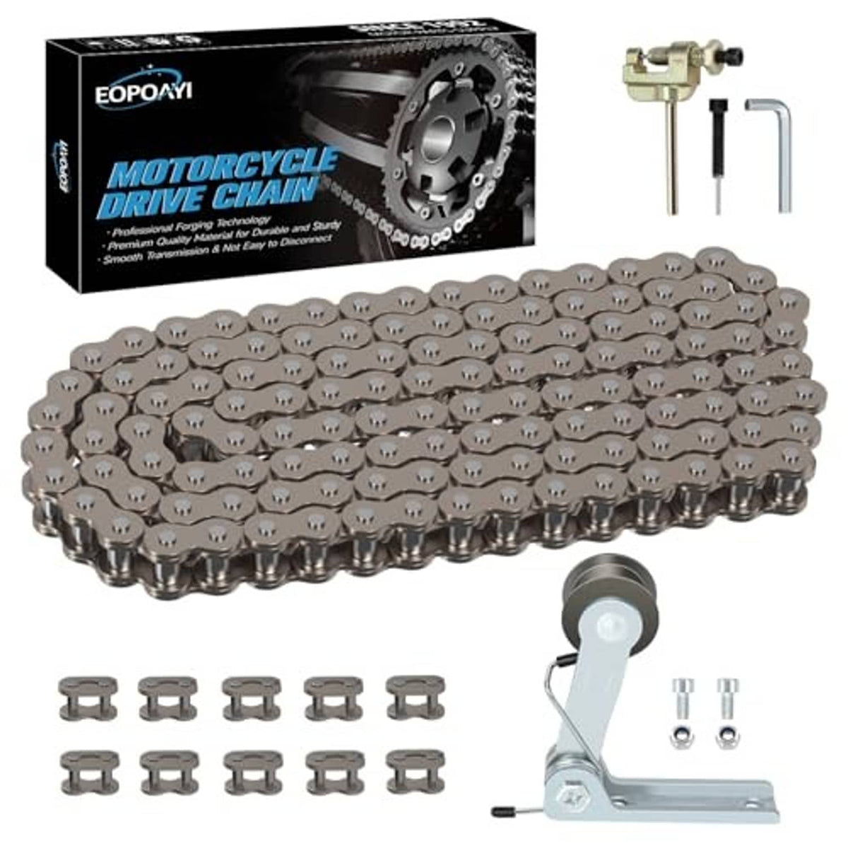 Gray roller drive chain with chain tensioner bracket and mounting screws.