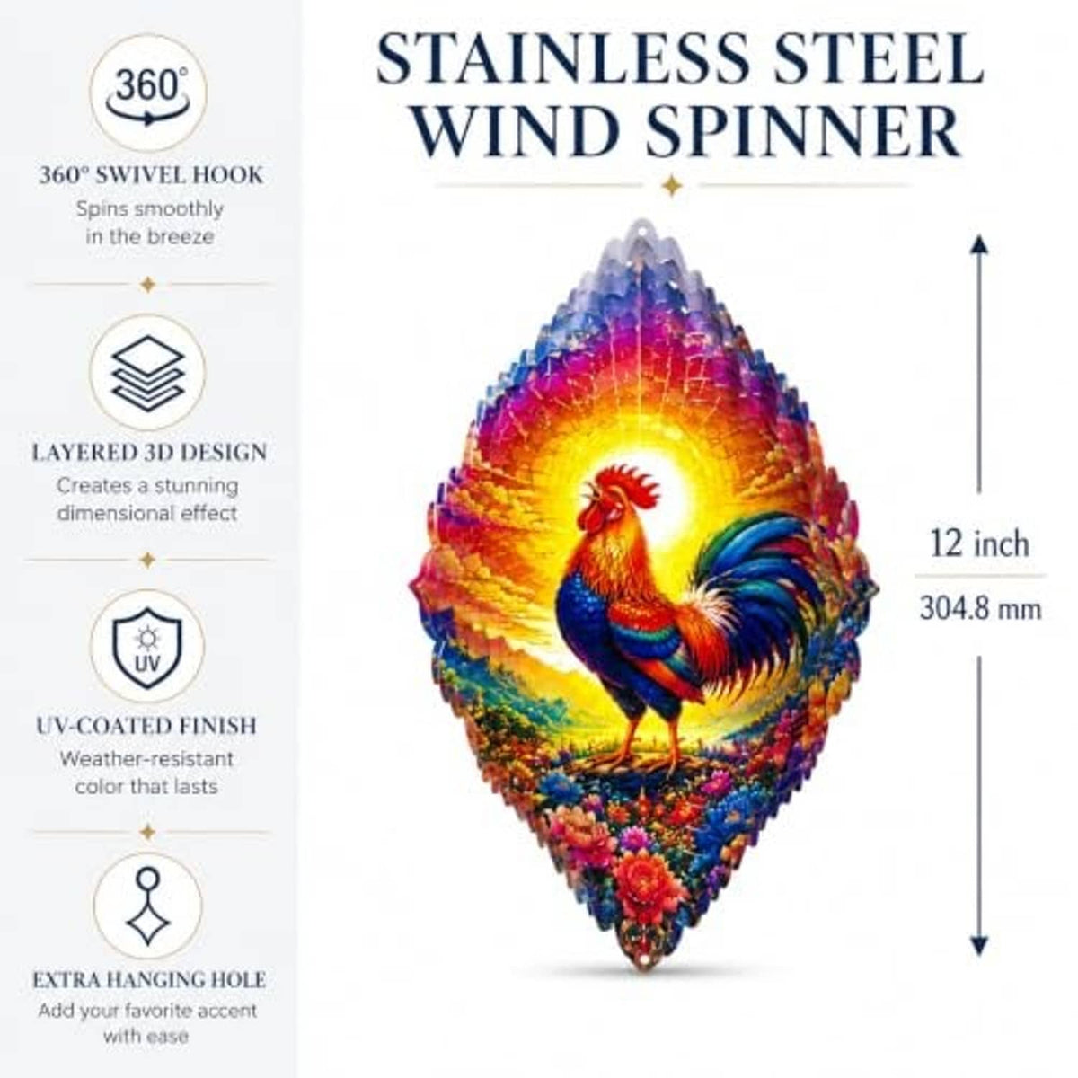 Rooster wind spinner product graphic showing 12 inch hanging design