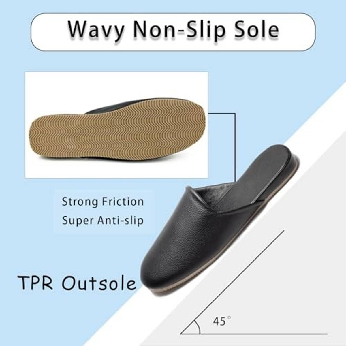 Black leather slip-on slippers with textured outsole on the bottom
