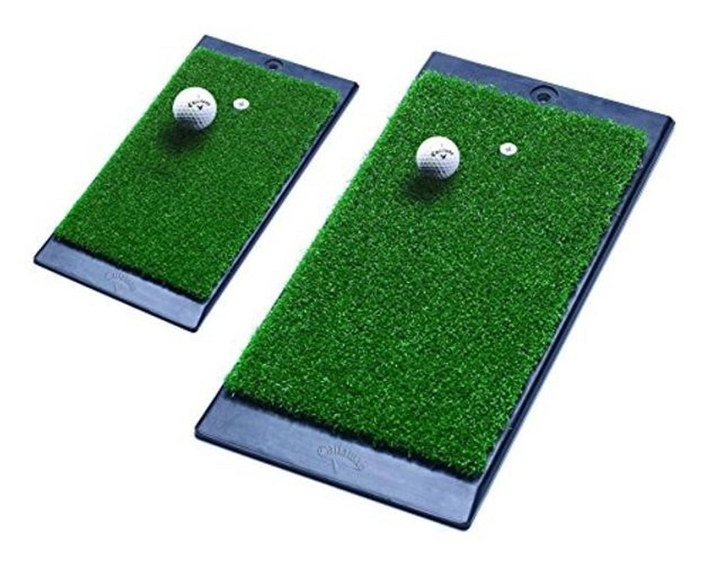 Pair of green turf hitting mats with dark weighted bases and golf ball targets