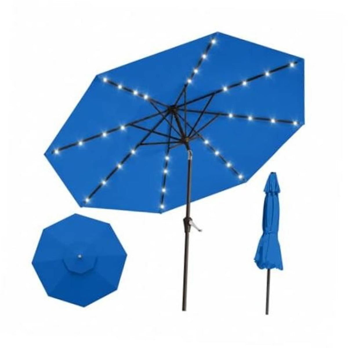 Blue patio table umbrella with LED string lights and central pole, open canopy view