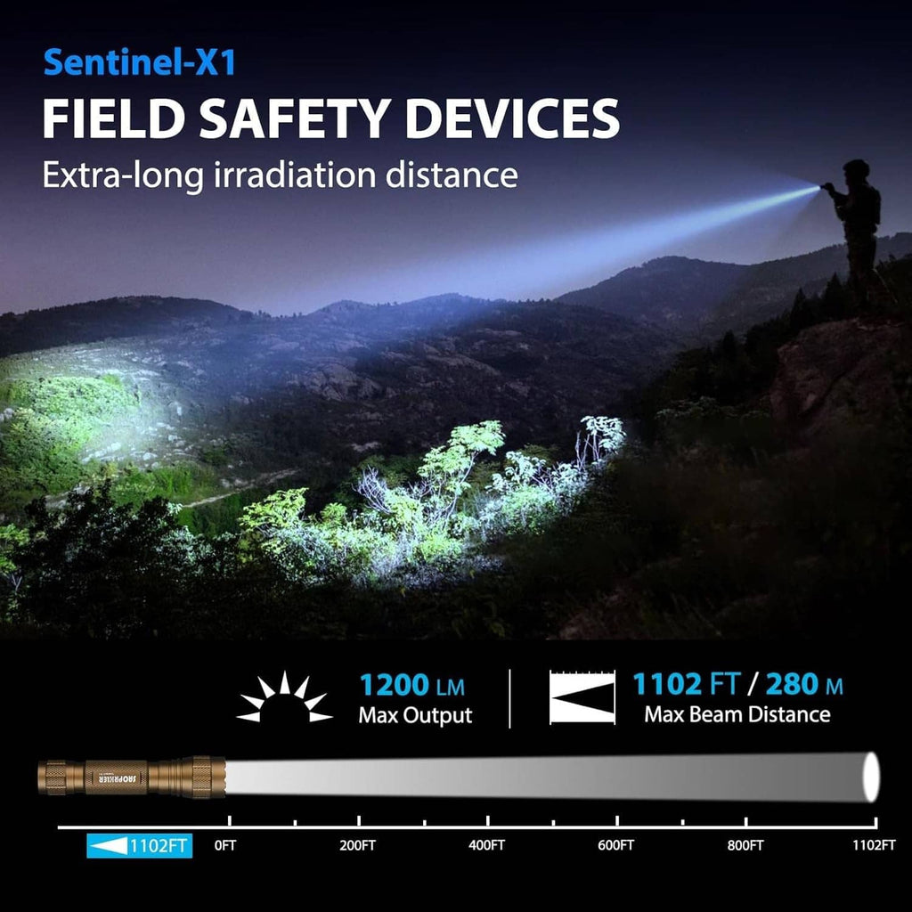 Bronze tactical flashlight emitting a bright beam with beam distance graphic