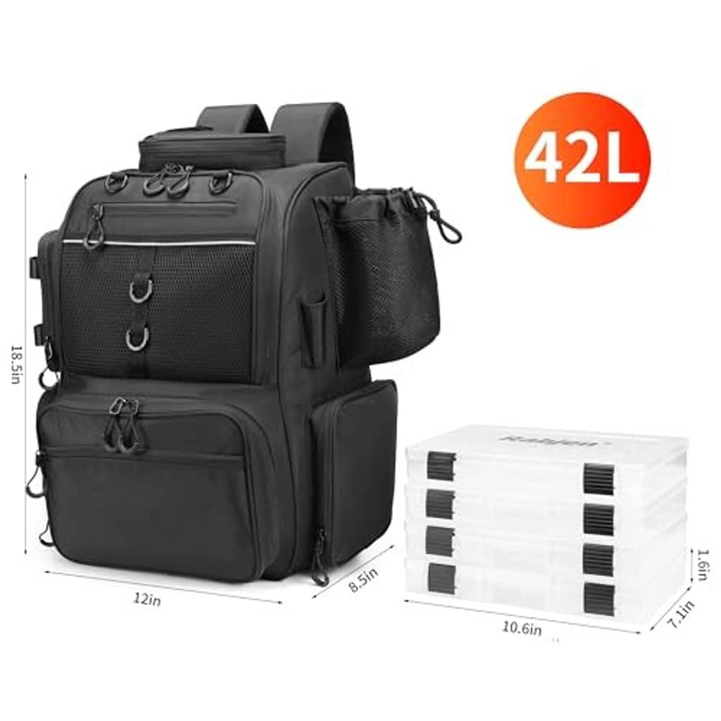 Black fishing tackle backpack, standard size with front organizer and included tackle boxes
