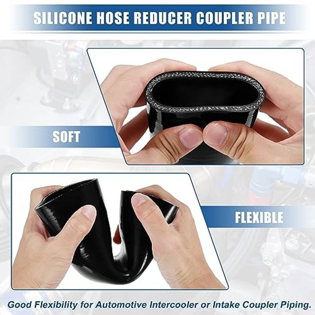 Black 45-degree silicone hose elbow reducer held in hands, flexible shape