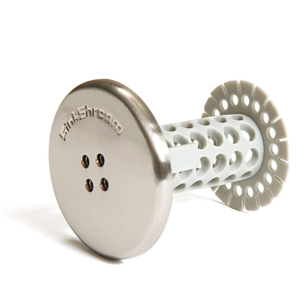 Nickel sink strainer top with small holes attached to perforated basket.
