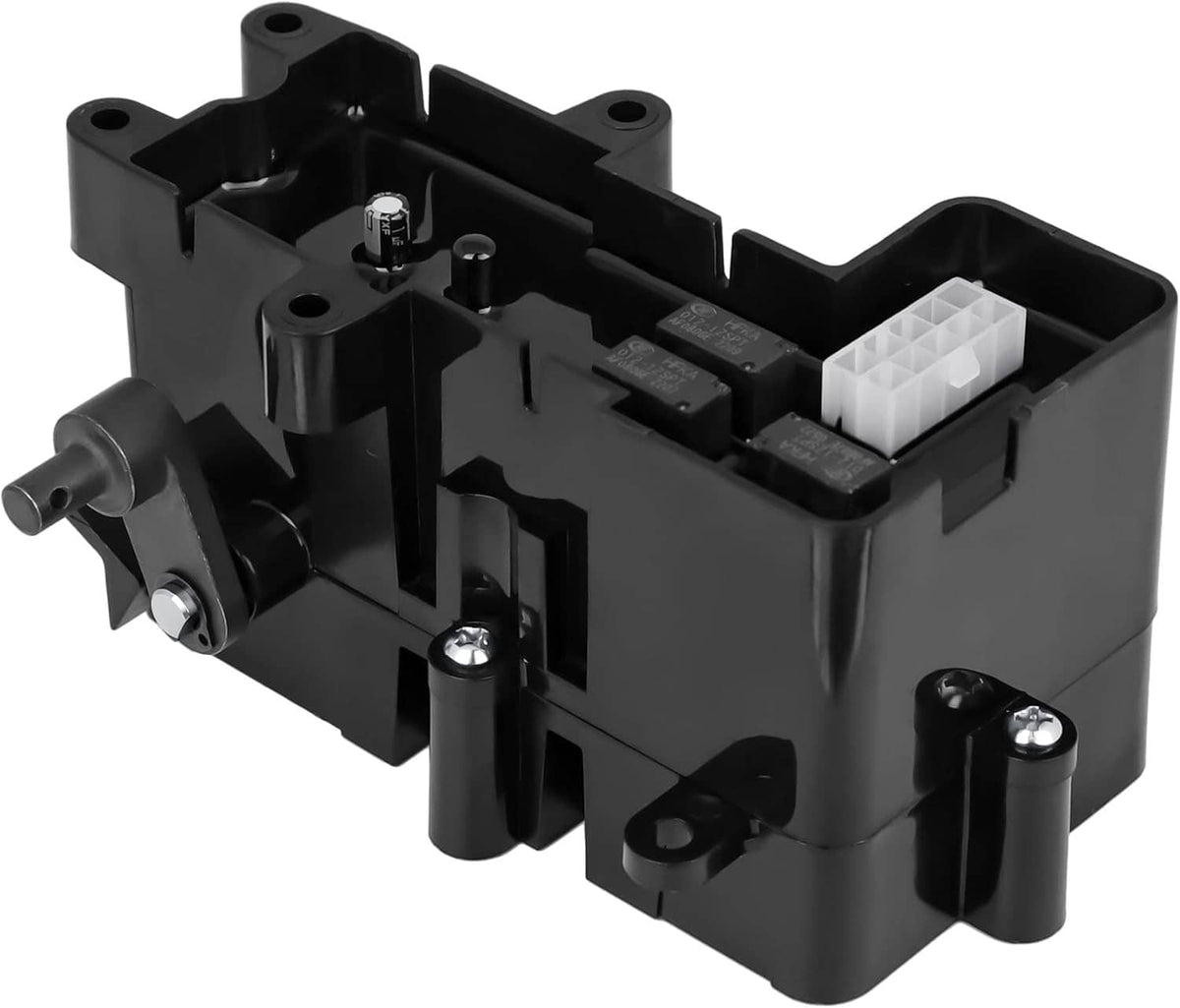 Black lawn mower brake control module with mounting bracket and electrical connector
