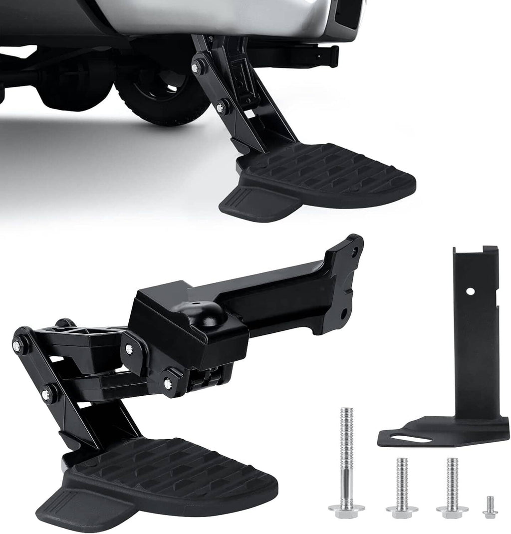 Retractable side bed step assembly, black metal and textured foot pad with hardware included