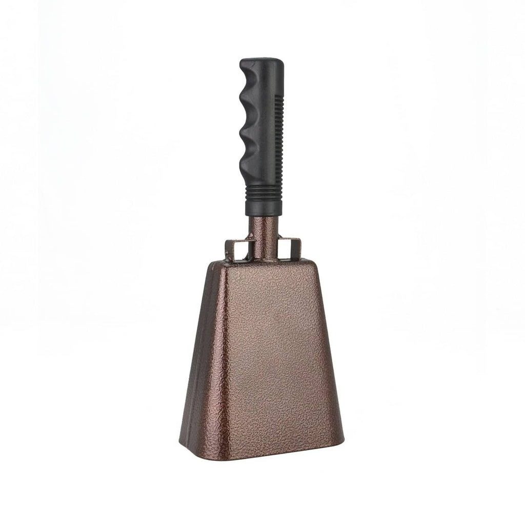 Wmm steel cowbell with textured bronze finish, black handle, and loop base