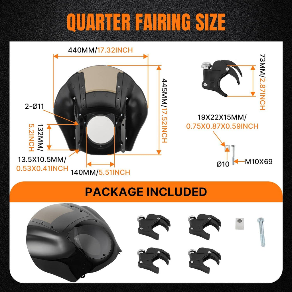 Fairing size and package diagram showing black smoke windshield and mounting hardware