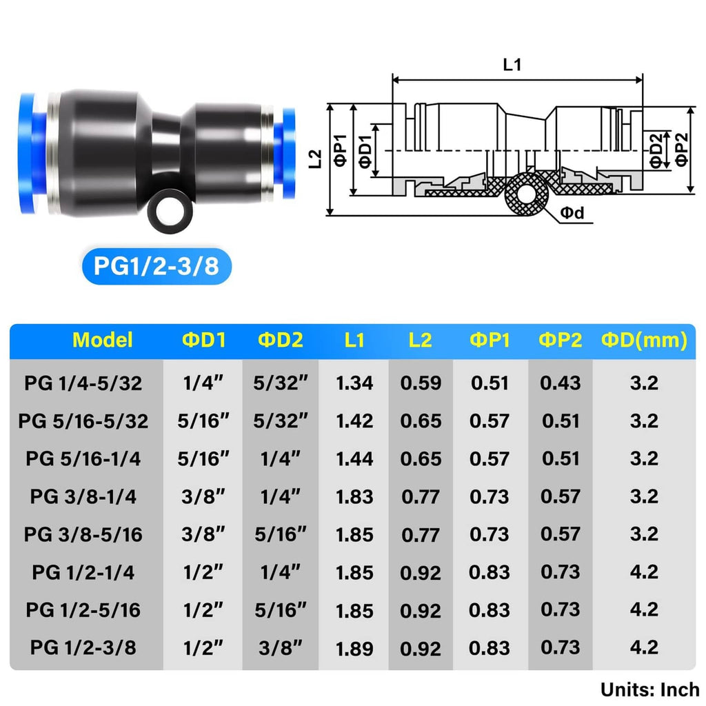 Pneumatic reducing straight connector fitting with blue ring and dimensional diagram