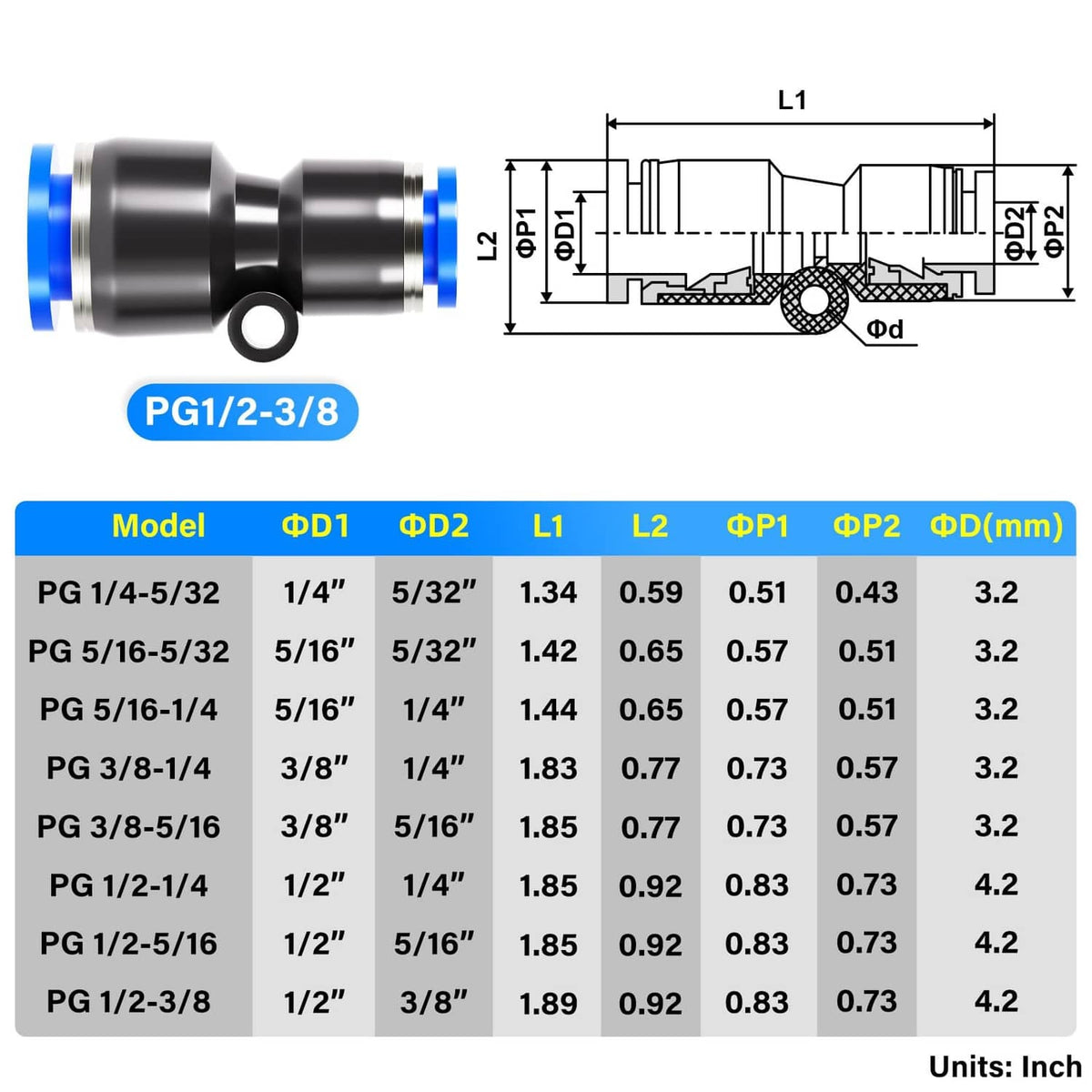 Pneumatic reducing straight connector fitting with blue ring and dimensional diagram