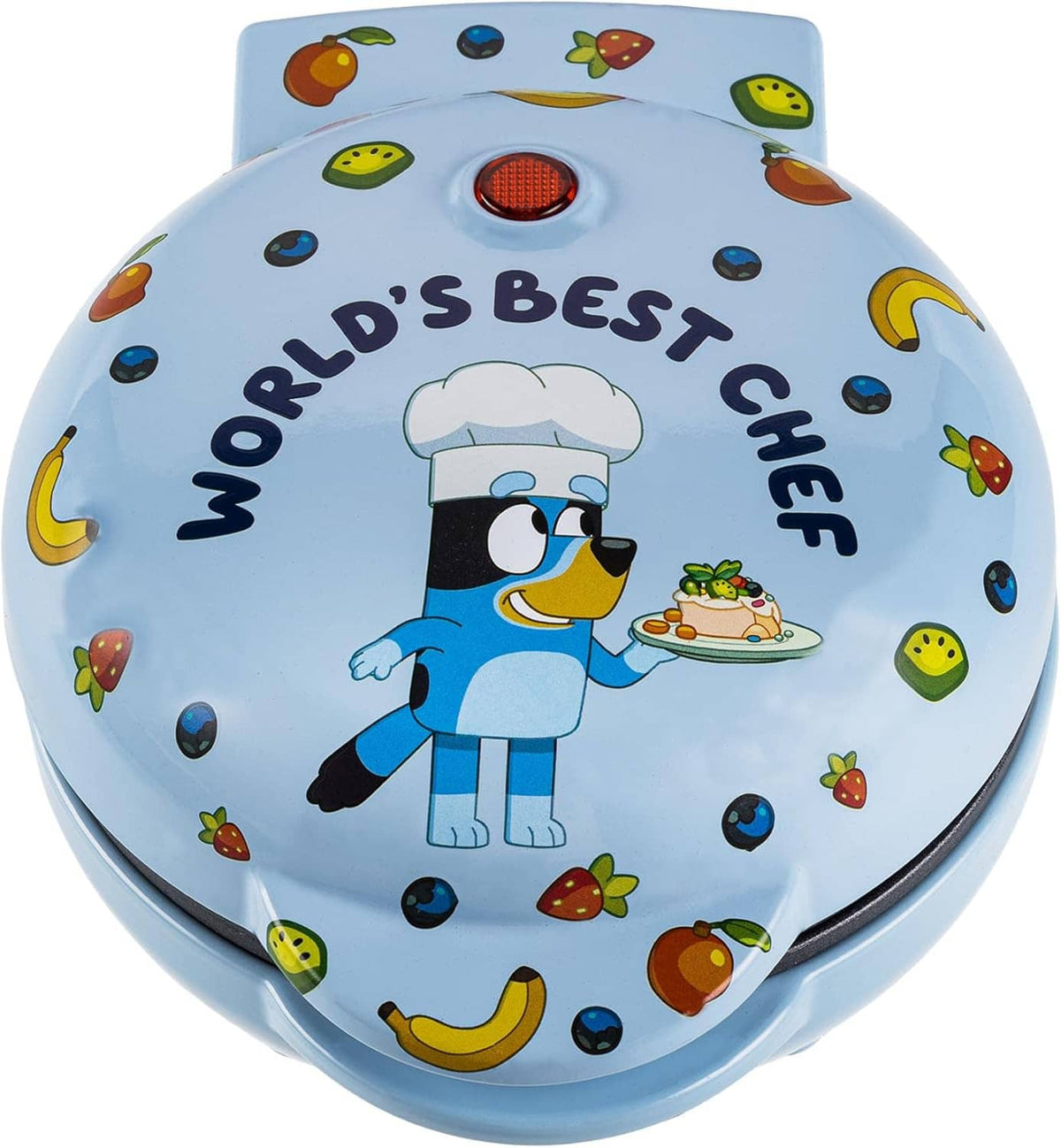 Light blue mini waffle maker lid with cartoon chef holding a plate and fruit icons