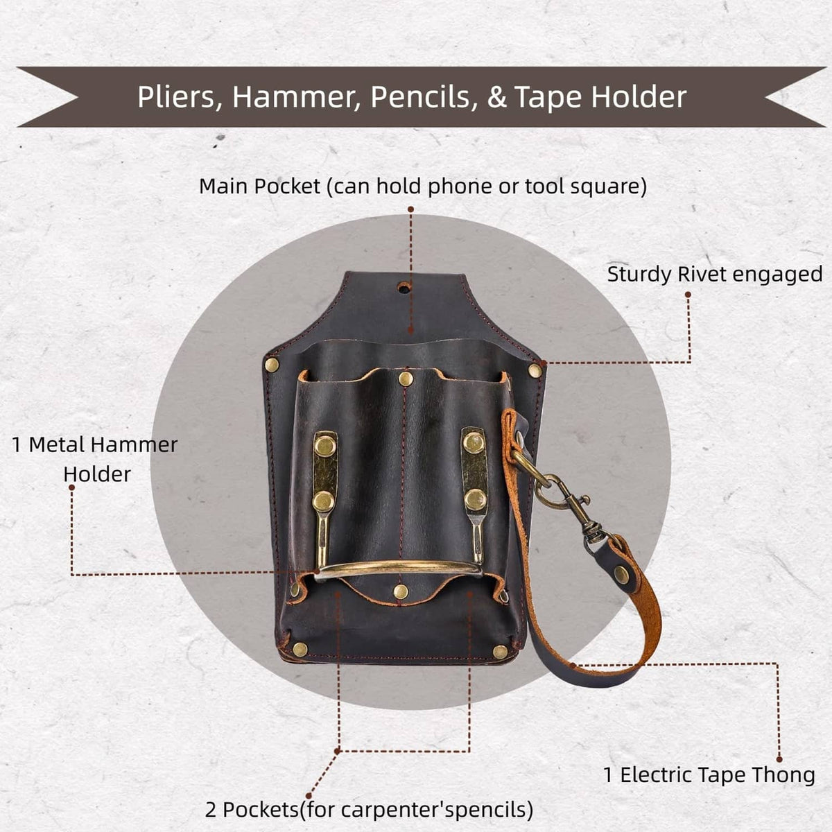 Brown leather electrician tool holster pouch with multiple tool pockets and riveted tape holder