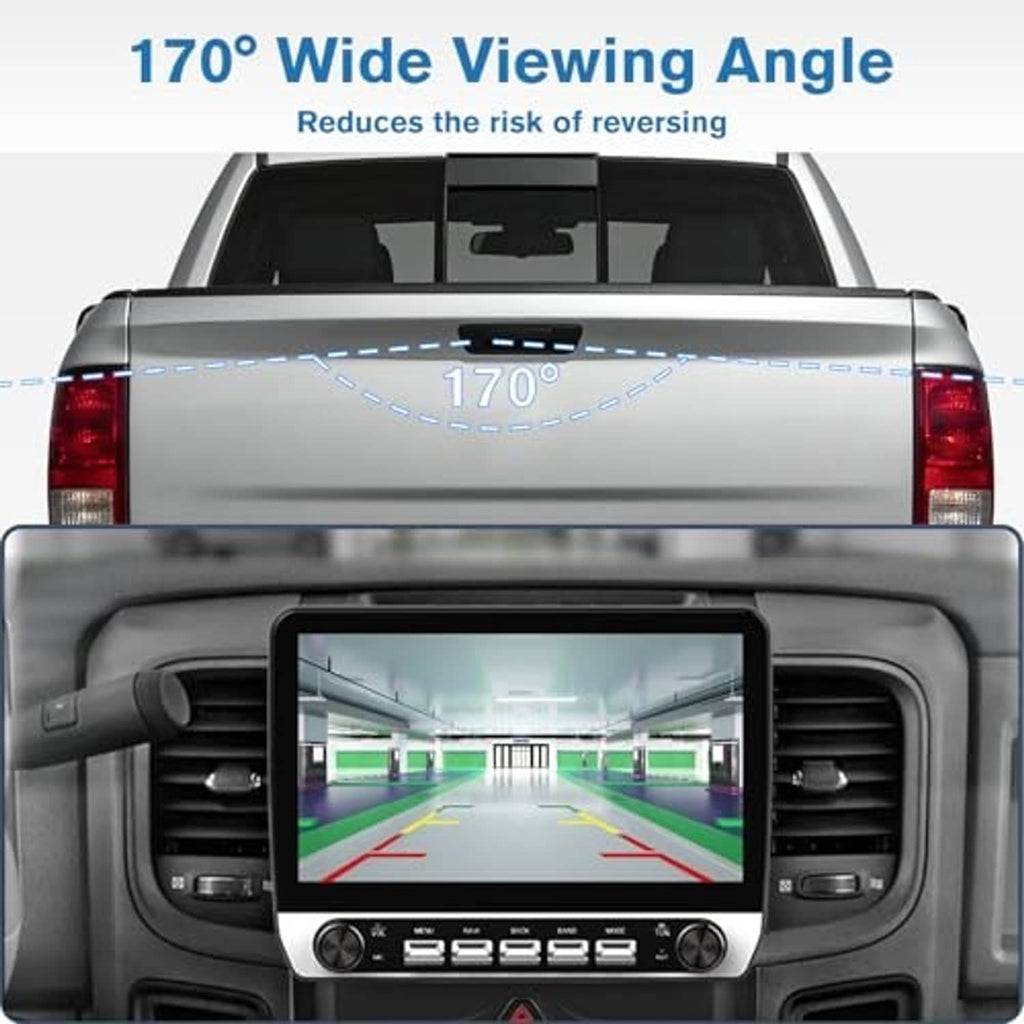 Backup camera monitor view with 170° wide-angle and colored parking lines