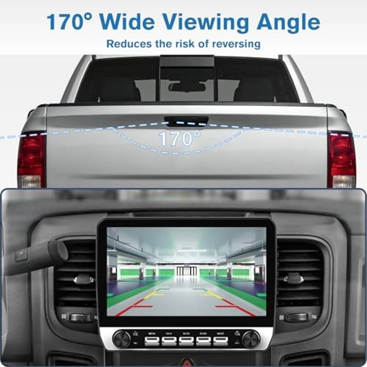 Backup camera monitor view with 170° wide-angle and colored parking lines