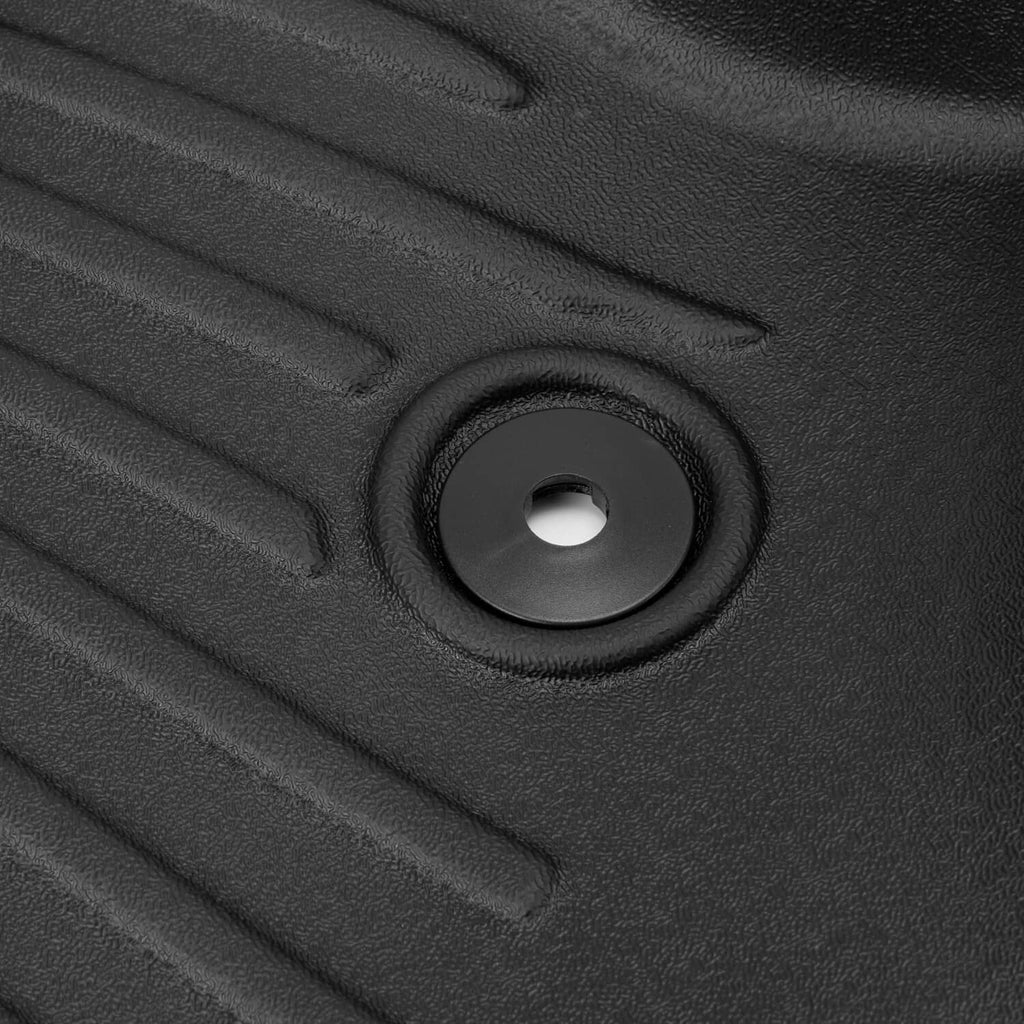 Close-up of black rubber mat with circular grommet opening and ridged texture