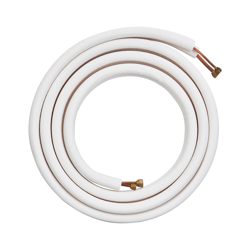 Coiled insulated mini split line set with white tubing and copper connection ports