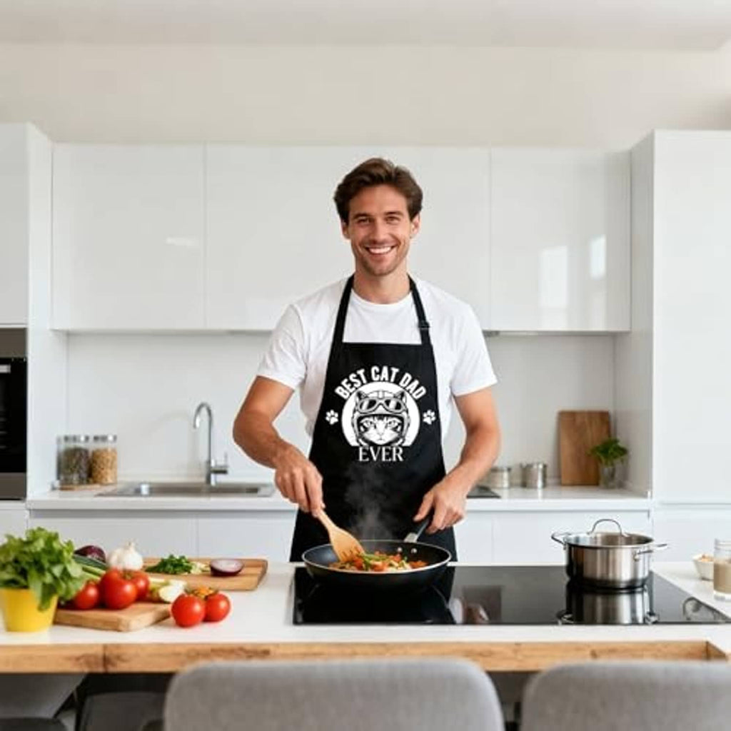 Black kitchen apron with cat graphic worn over a white T-shirt; adjustable neck strap.