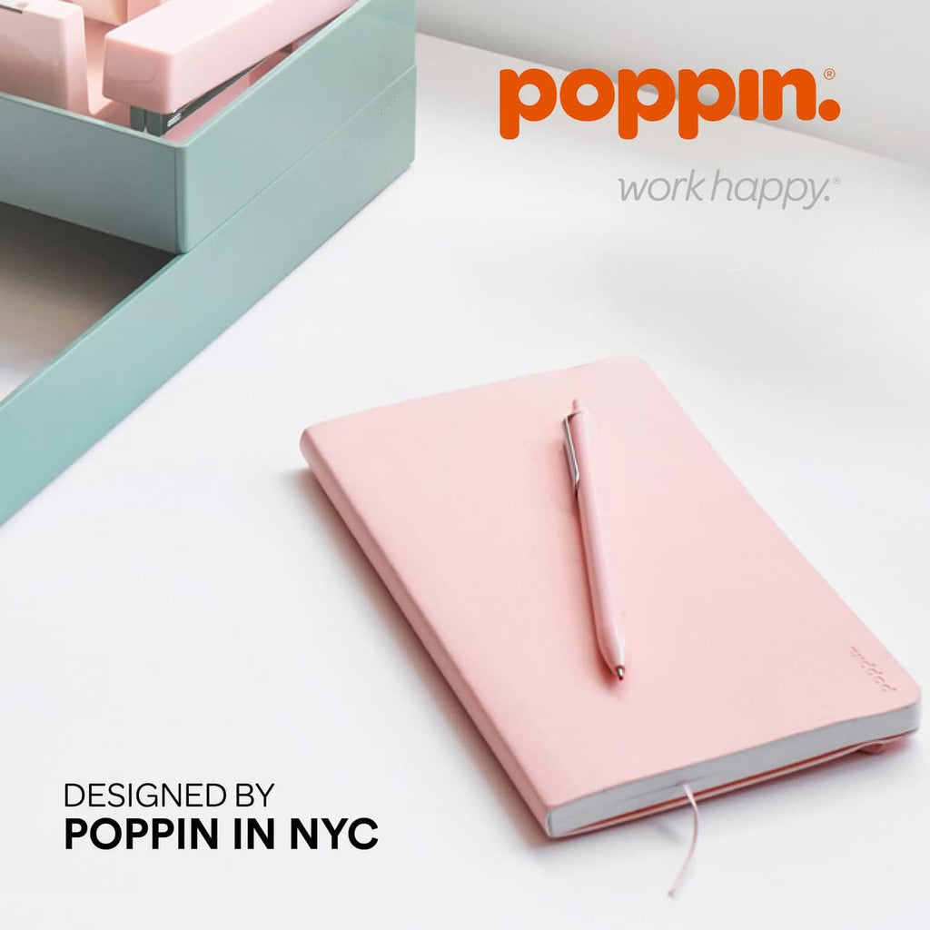 Blush pink notebook with a blush retractable gel pen placed on top