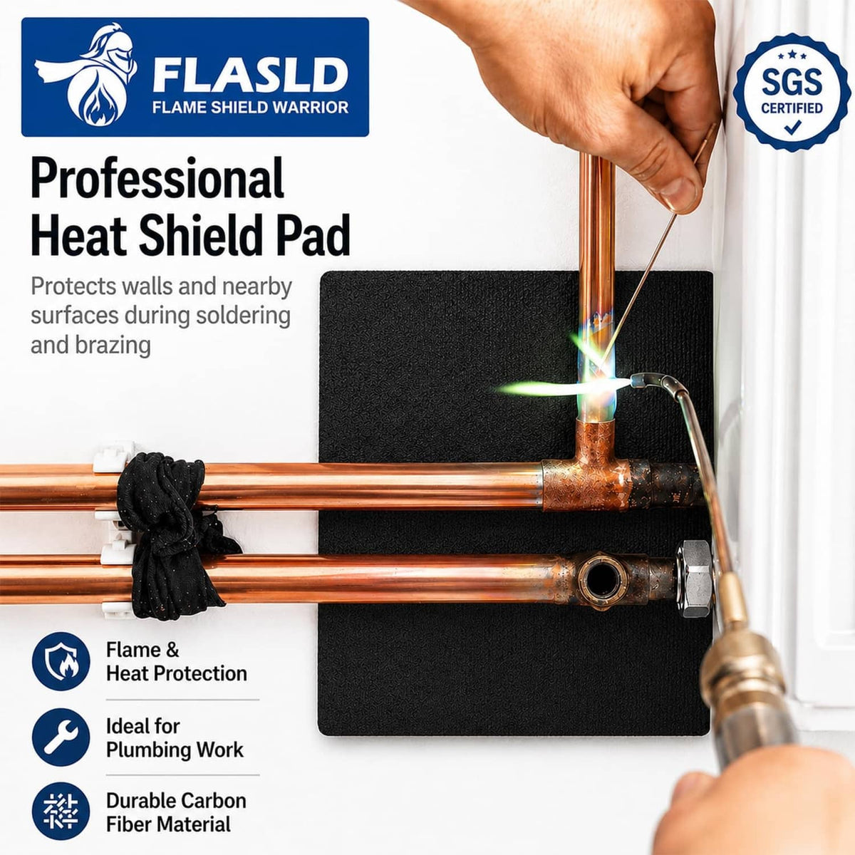Black heat shield pad welding blanket placed around copper pipes; flame protection
