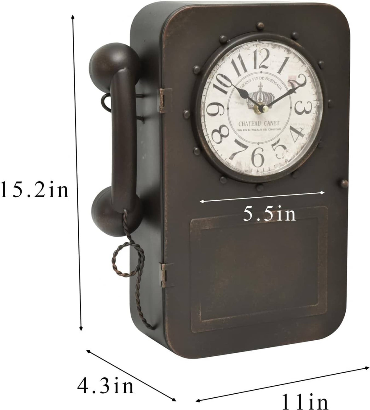 Dark brown wall clock with side handle and hidden storage door (size diagram)