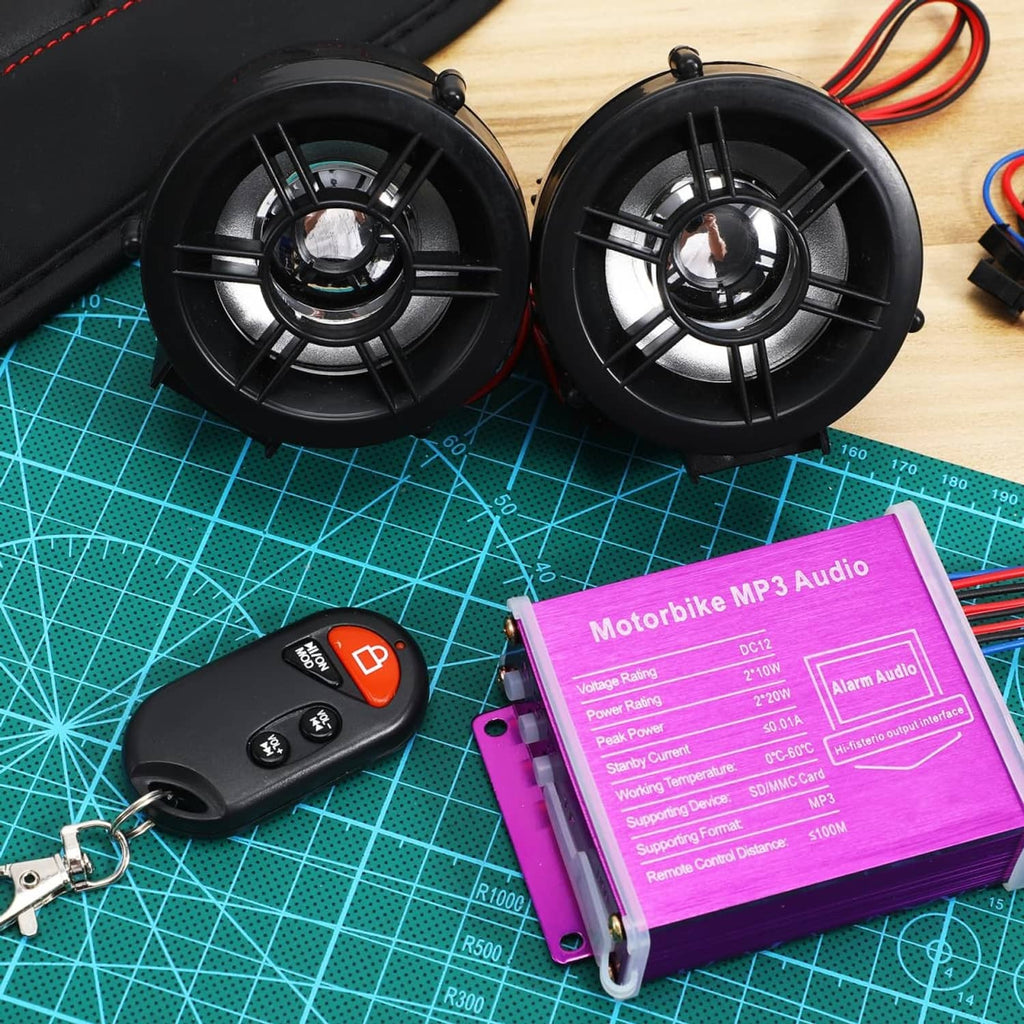 Motorcycle speaker pair with purple MP3 audio controller and key fob remote