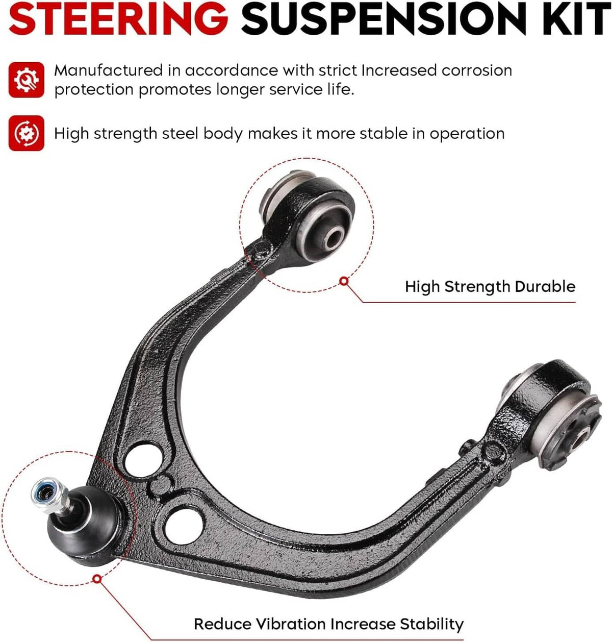Steering suspension control arm with black coating, bushings, and ball joints