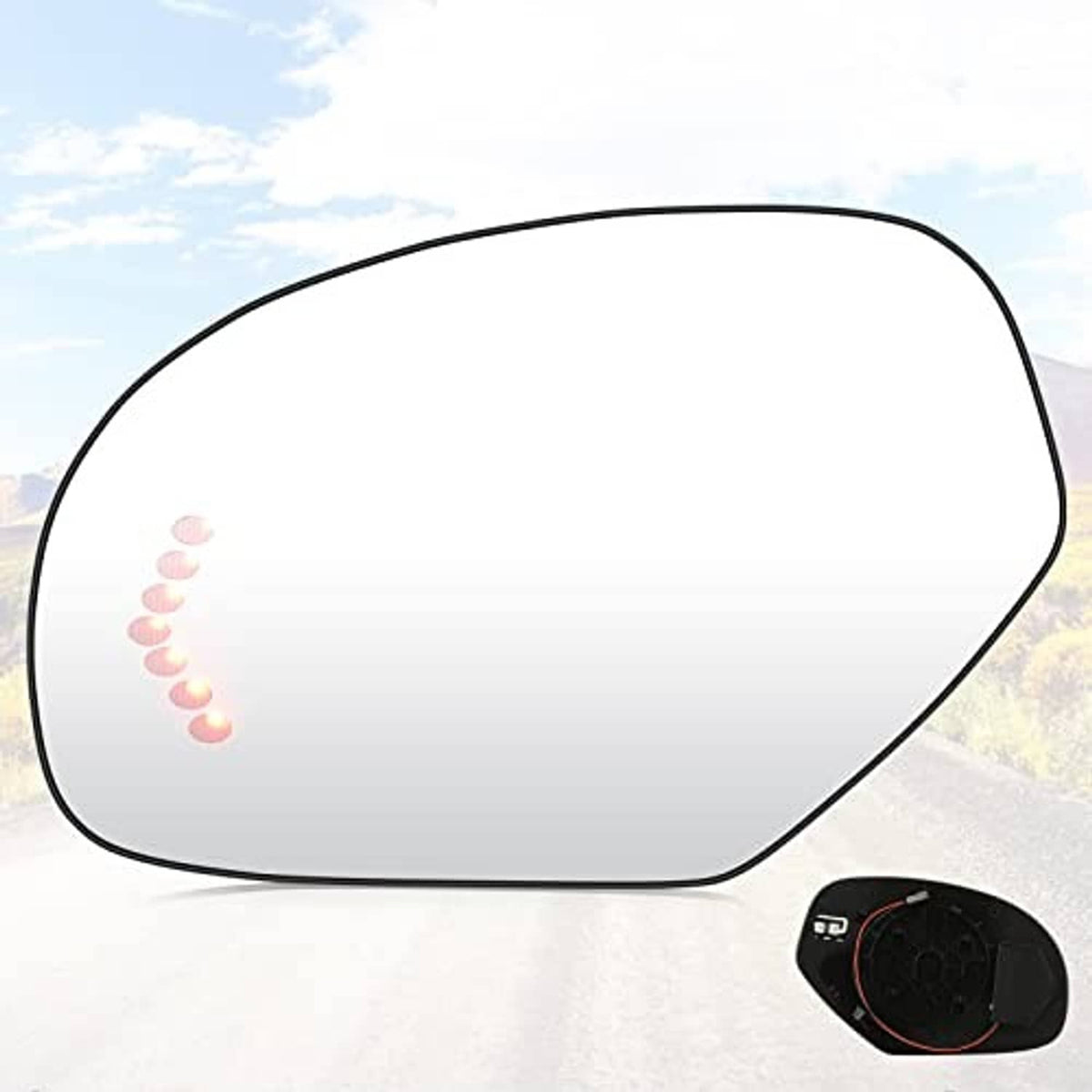 Left side mirror glass with black border and small reflective dot cluster