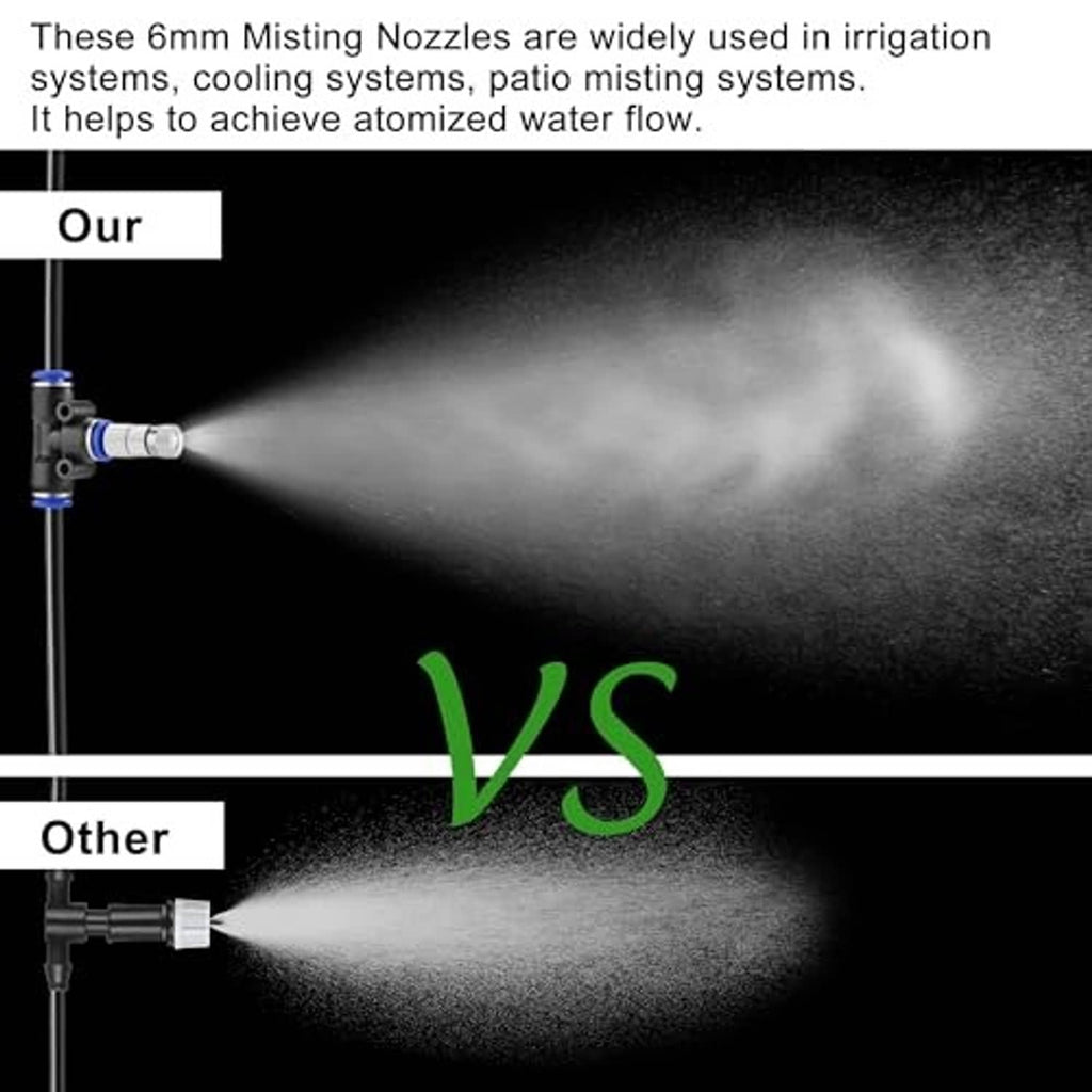 Brass misting nozzle producing a fine spray stream from a black-blue connector