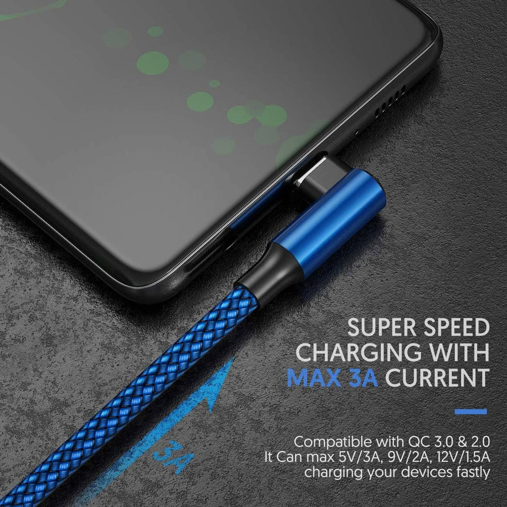 Blue braided USB-C right-angle charging cable plugged into a smartphone