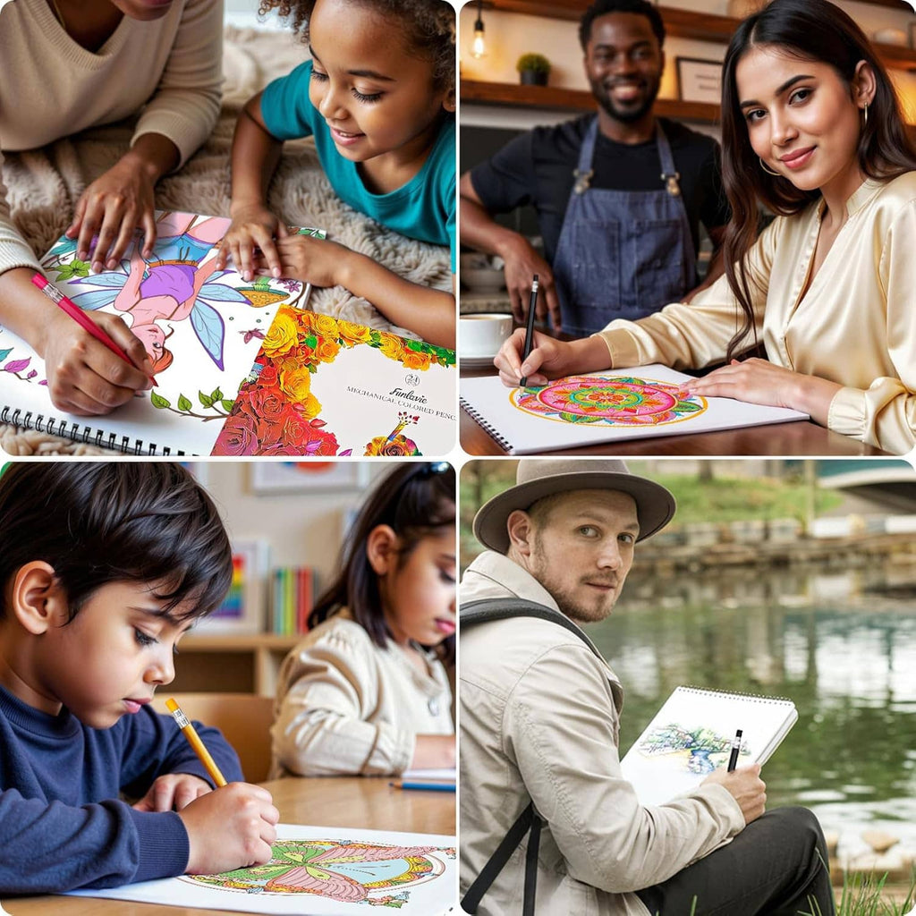 People using colored mechanical pencils to draw colorful artwork in a classroom