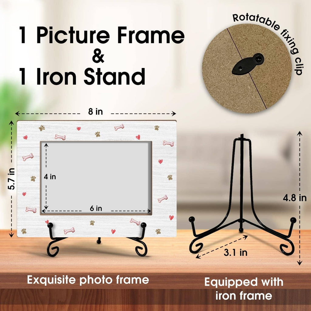 White dog photo frame with paw and bone pattern, shown with iron stand.