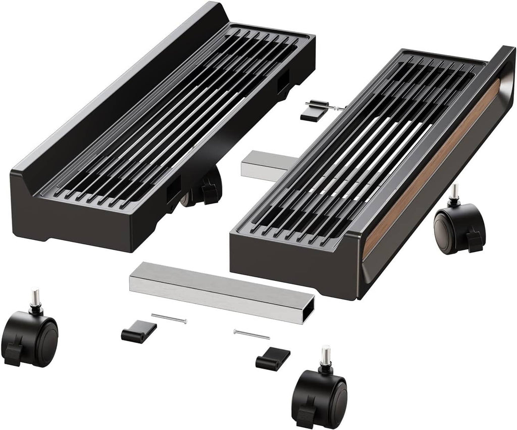 Ventilated computer stand parts kit: two trays, wheel casters, and mounting hardware