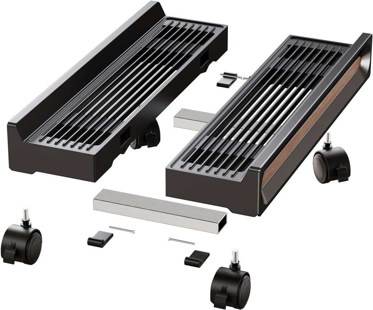 Ventilated computer stand parts kit: two trays, wheel casters, and mounting hardware
